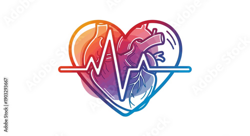 Vibrant gradient human heart with an active electrocardiogram pulse line for health and medical