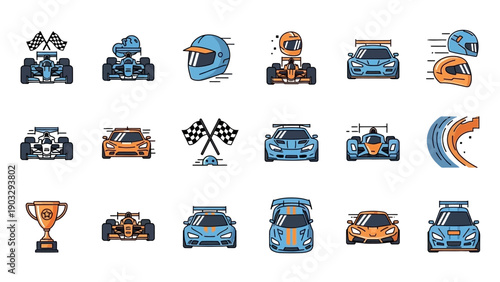 Racing cars and motorsport icons.