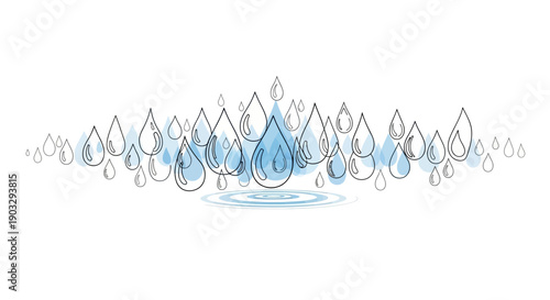Artistic illustration of blue and outlined raindrops creating ripples on a pristine white surface
