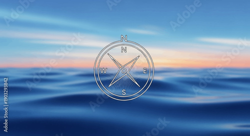 A mystical compass provides guidance across the serene blue ocean waves under a vibrant sunset sky