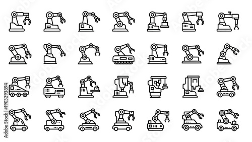 Robotic arms industrial machines icons.
