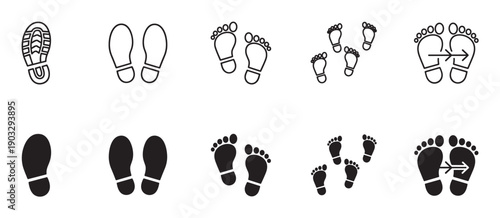 Collection of black footprint icons showing various types of shoe prints, boot tread, and bare feet in both line art and solid silhouette styles for graphic design
