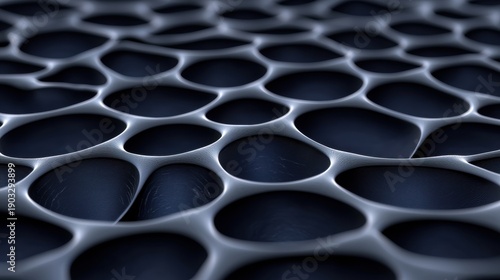 A close-up view of a complex, interconnected network of dark blue, irregularly shaped hollow spaces.