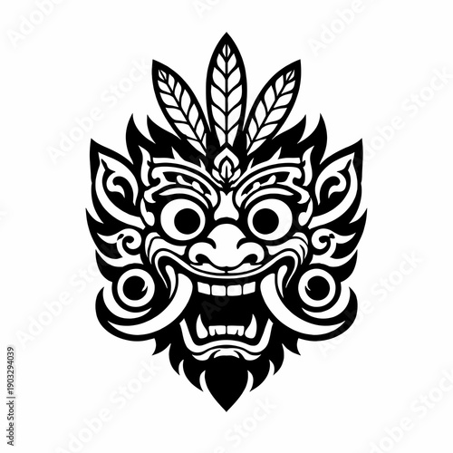 Balinese Barong Mask Black White Illustration