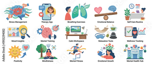 Collection of mental health and wellness icons showing concepts like stress management, therapy, mindfulness, and self-care in a colorful flat vector illustration style for wellbeing topics