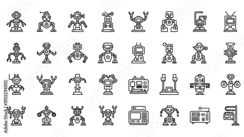 Robot icons in various poses.