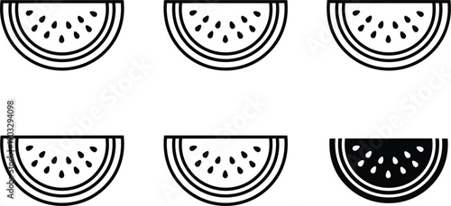 Watermelon slice line and solid icons set with seeds fresh summer fruit food symbols vector illustration design