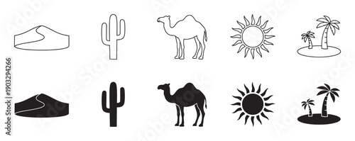 Collection of black desert themed icons including a sand dune, cactus, camel, sun, and oasis with palm trees, presented in both line art and solid silhouette vector styles
