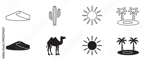 Collection of black desert-themed icons featuring a sand dune, cactus, sun, palm trees, and a camel, presented in both simple outline and solid silhouette styles
