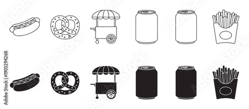 Black and white street food icon set featuring a hot dog, pretzel, cart, soda can, and french fries in both outline and solid glyph styles for graphic design