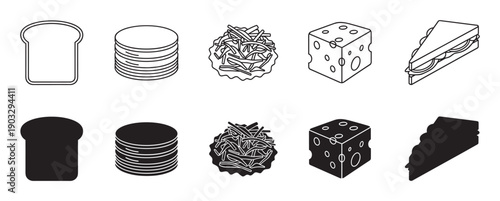 Black and white vector icon set showing sandwich ingredients like bread, cheese, and deli meat, with each food item depicted in both a simple line art and a solid silhouette style