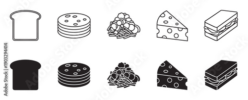 Black and white sandwich ingredient icon collection featuring bread, sliced meat, cheese wedge, and a complete sandwich in minimalist line art and solid glyph vector styles
