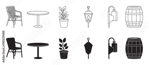 Set of outdoor cafe furniture icons featuring a chair, table, plant, lantern, sconce, and barrel, presented in two distinct styles as black line art outlines and solid silhouettes