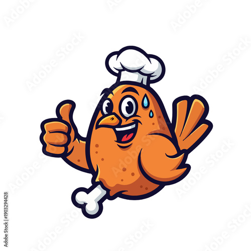 A cartoon chicken wearing a chef hat giving a thumbs up with one leg raised and a bone in illustration style