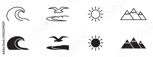 Collection of eight minimalist nature symbols including a sea wave, bird, sun, and mountain range, presented as both thin outline and filled black graphic illustrations