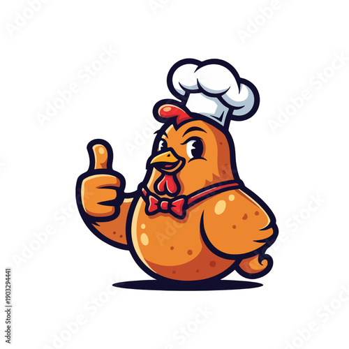A cartoon chicken wearing a chef hat and bow tie giving a thumbs up in a culinary scene illustration