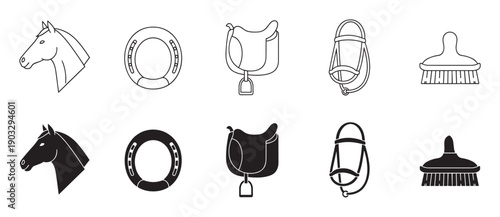 Collection of black horse riding icons featuring a horse head, saddle, horseshoe, bridle, and grooming brush presented in both outline and solid silhouette graphic styles