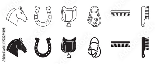 Equestrian horse riding equipment icon set with a horse head, horseshoe, saddle, bridle, and grooming brushes in black silhouette and simple line art styles for graphic design