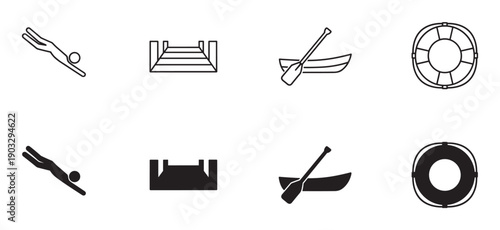 Set of black water activity icons showing a diver, dock, boat, and lifebuoy in line art and silhouette styles for summer recreation