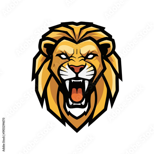 Vector illustration of a fierce lion head with sharp teeth, symbolizing courage and strength, in a bold graphic style, as seen in q12.eps