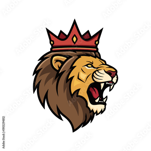 A regal lion's head illustration with a crown, symbolizing power and majesty, vector graphics of an animal king.