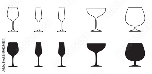 Collection of black glassware icons showing different types of glasses for wine, champagne, cocktails, and brandy, presented as both thin outlines and solid silhouettes in a minimalist style