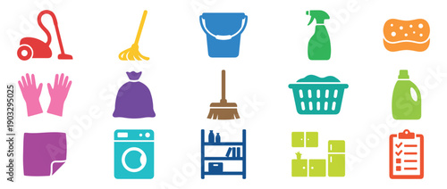 Colorful set of cleaning service icons featuring a vacuum cleaner, mop, bucket, laundry basket, and other household chore symbols in a flat design style
