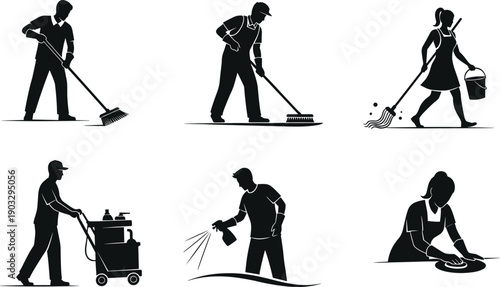 Cleaning workers, janitorial service team, hygiene staff, sanitation crew, housekeeping people, floor sweeping, mopping, disinfecting, cleaning cart, workplace cleaning icons