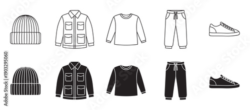 Men's casual clothing and accessories icon set with a beanie, jacket, long-sleeve shirt, sweatpants, and sneakers shown in both outline and solid black silhouette styles