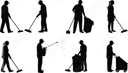 Cleaning worker silhouettes, janitor sweeping, sanitation service, man with broom, woman cleaning floor, garbage collection, spraying disinfectant, hygiene maintenance, custodial job