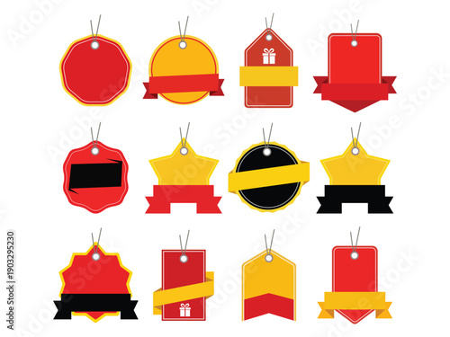 Set of colorful price tags and labels with ribbons and strings, sale banner design elements