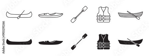 Canoeing and kayaking equipment icon set featuring boats, paddles, and a life vest, presented in two distinct styles: a simple black outline and a solid black silhouette