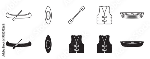 Canoeing and boating equipment icon set collection with line art and silhouette styles showing a canoe, kayak, paddle, life vest, and small boat for water sports