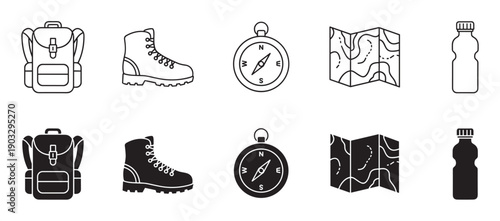 Hiking and camping equipment icon set with a backpack, boot, compass, map, and water bottle in both line art and solid glyph styles for outdoor adventure concepts