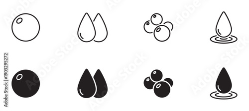 Set of black liquid drop icons in line and solid styles representing water, oil, and moisture, with single drops, bubbles, and ripples in a minimalist vector graphic collection