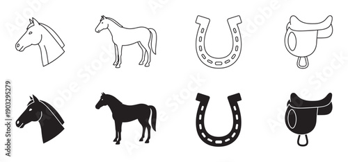 Set of black horse equestrian icons showing a horse head, full body, horseshoe, and saddle in both outline and solid silhouette styles for graphic design elements