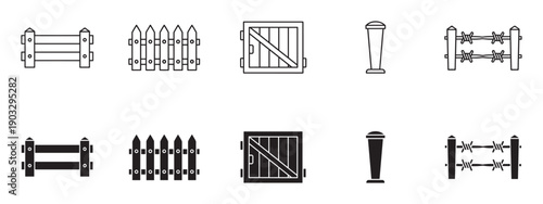 Set of fence and barrier icons in line art and solid glyph styles, featuring picket, rail, and barbed wire fences, a wooden door, and a bollard for design elements