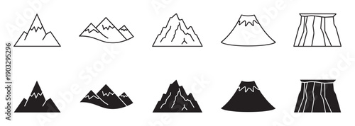 Set of black mountain icons in line art and silhouette styles showing various peaks, ranges, volcanoes, and rock formations for minimalist graphic design elements