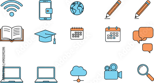 Flat Line Education and Technology Icon Set with WiFi Mobile Laptop Calendar Cloud Video and Communication Symbols