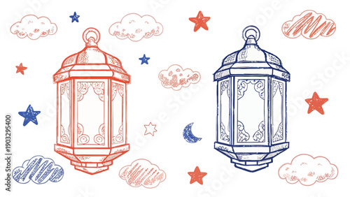 Collection of decorative hand-drawn lanterns, each with unique, intricate patterns, ideal for festive and religious event designs.