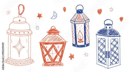 A creative doodle illustration featuring colorful, festive lanterns and Islamic symbols, ideal for Ramadan and cultural event designs.
