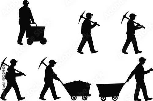 Coal miner silhouettes working underground, pushing carts, carrying pickaxes, wearing helmets, mining industry illustration, hard labor, industrial occupation, tools