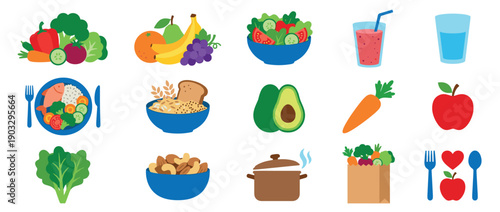 Set of colorful flat design icons representing healthy eating, nutrition, and a balanced diet, featuring various foods like fruits, vegetables, fish, grains, and drinks