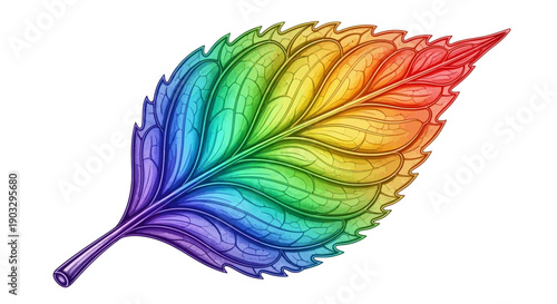 A stunning vibrant leaf illustration with a full spectrum rainbow color gradient