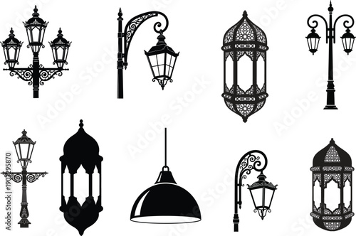 Airport silhouette graphics with planes and terminal buildings