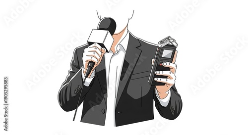 Businesswoman Holding Microphone and Recording Device in Formal Suit