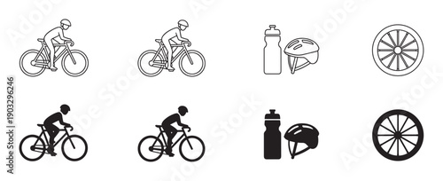 Set of black cycling icons showing a cyclist on a bicycle, helmet, water bottle, and wheel in both outline and solid silhouette graphic styles for sports and recreation
