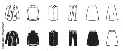 Collection of black and white clothing icons featuring a blazer, turtleneck, shirt, trousers, and skirt in both line art and solid glyph styles for a fashion concept