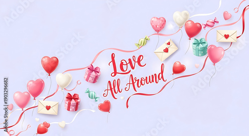 A beautifully festive illustration radiating the widespread warmth of affection and celebration, adorned with heart balloons, elegant gifts, and tender messages