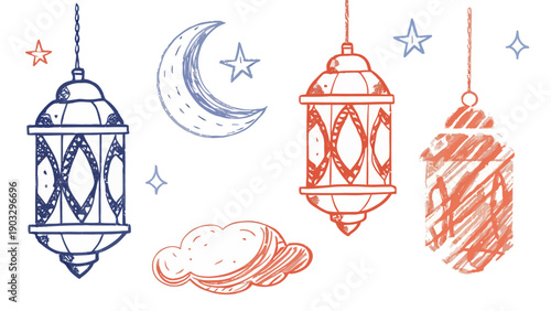 Vibrant modern doodle illustration showcasing two decorative hanging lanterns, ideal for adding a lively and festive feel to any creative project.